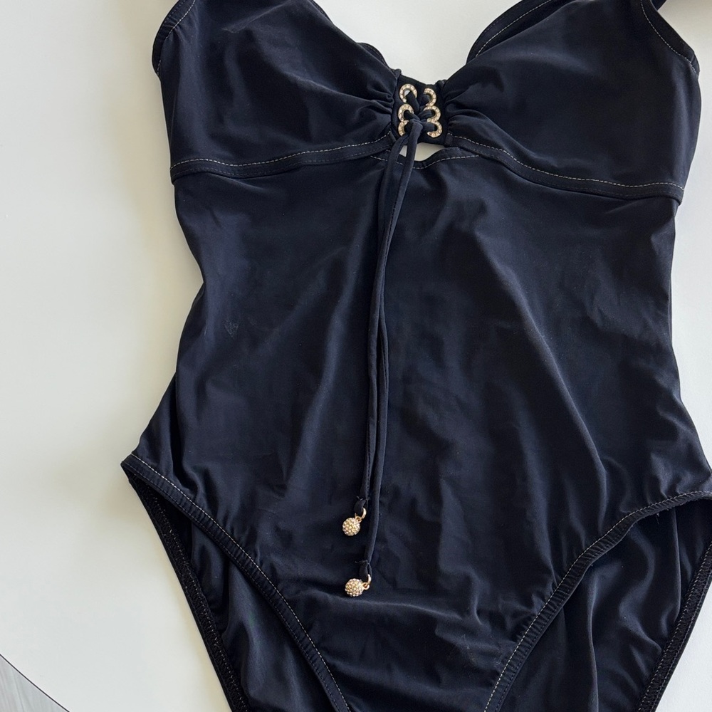Karla Coletto Black Rhinestone C Neck  One Piece Swimsuit Size 10